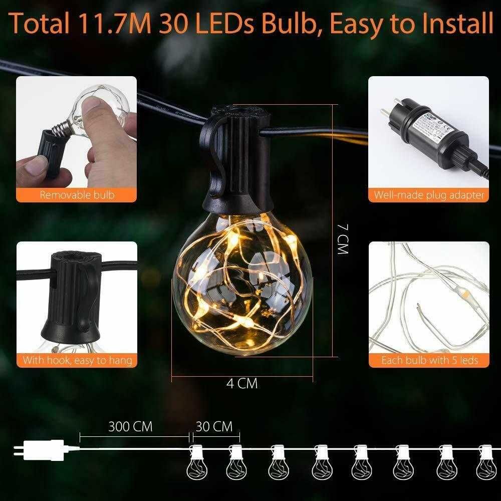 Ghirlandă 11.7 M, cu 30 Becuri LED și 3 becuri rez, Interior/Exterior.