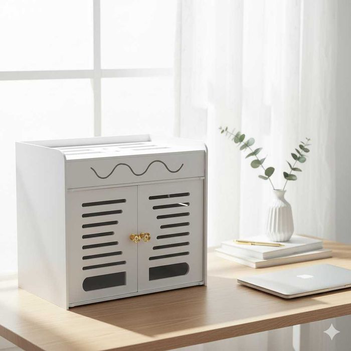 Органайзер шкаф за Wi-Fi рутер и кабели – 3 нива, бял дизайн