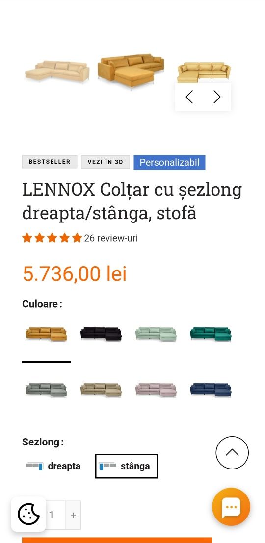 Vând colțar MOBEXPERT Lennox colțar cu șezlong, stofa, galben