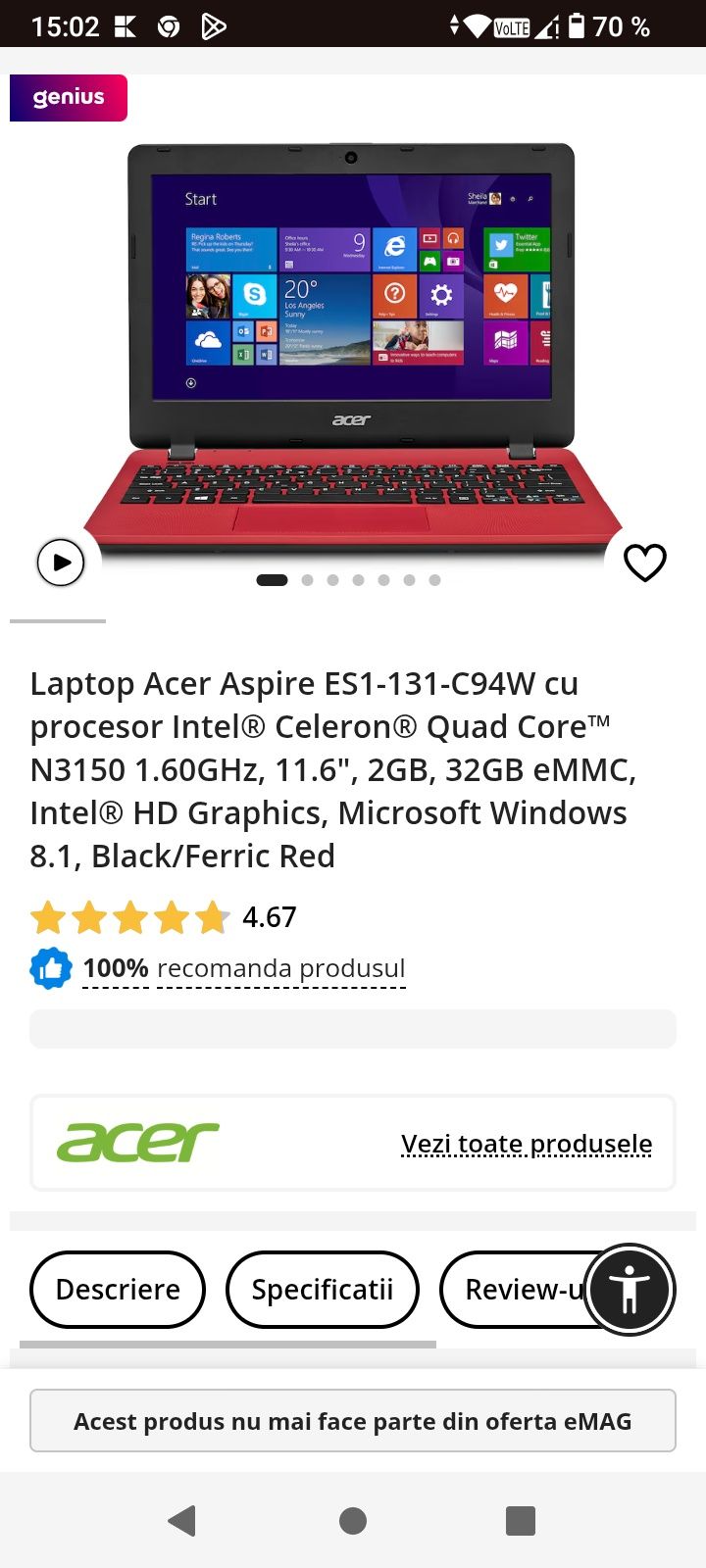 Laptop aspire es11 că nou cutie Windows licență