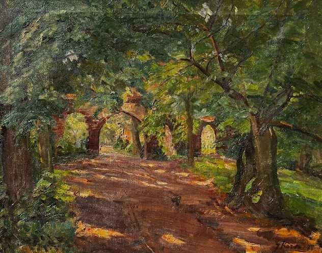 Școală maghiară ”Alee în parc” Superb! TABL00U u/pz, datat 1925, 75x60