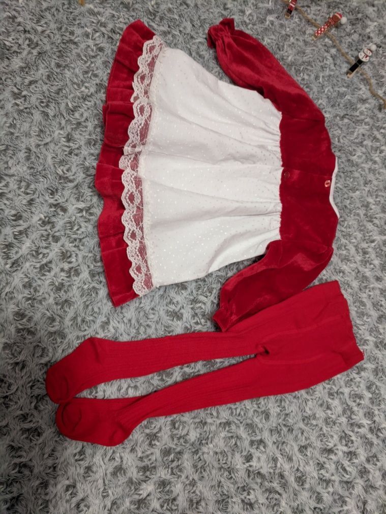 Set rochiță model vintage și ciorapi roșii, 9-12 luni, 74-80 cm