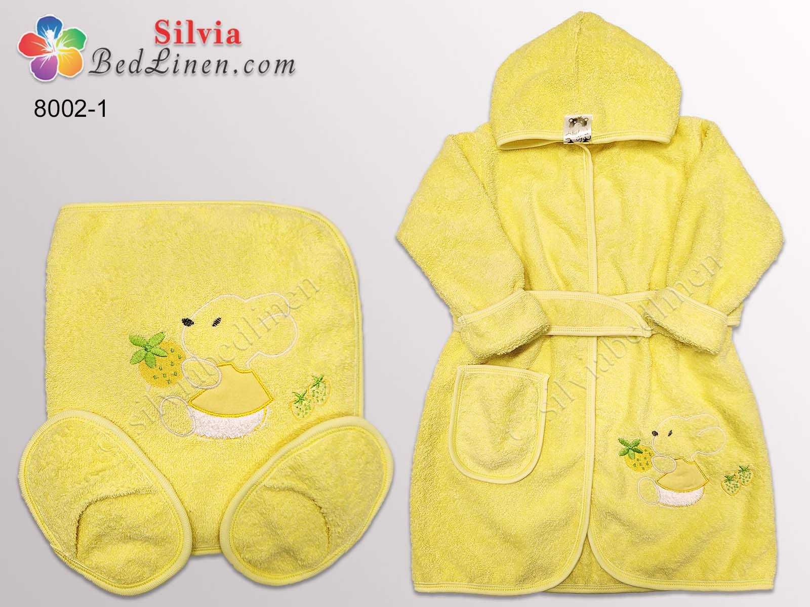 Комплект от 3 части с бродерия - детски халат с кърпа и чехли от памук