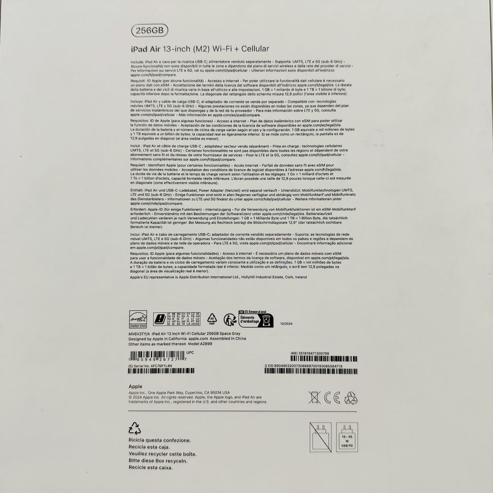  iPad Air M2 13-inch Space Gray 256GB Wi-Fi + Cellular