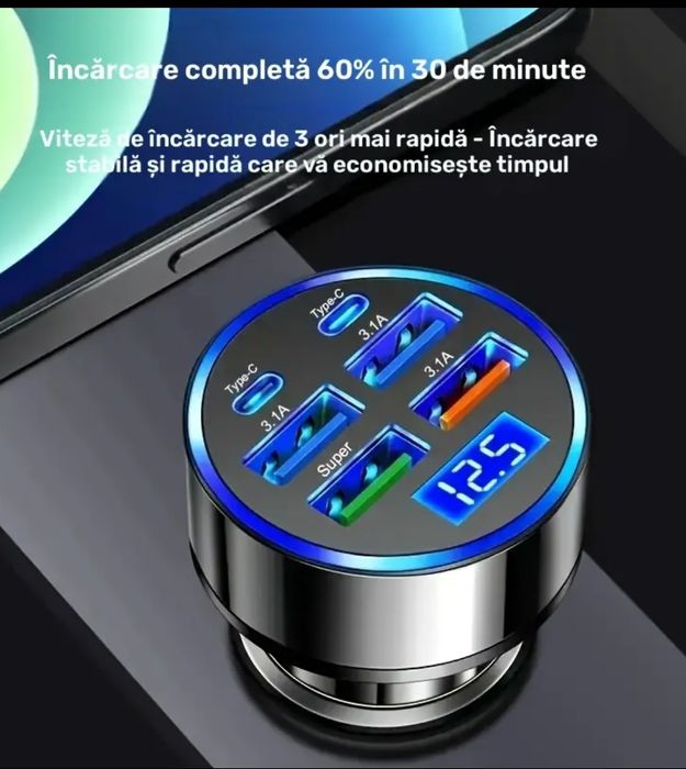 Încărcător auto cu încărcare rapidă Tip C și 4 USB
