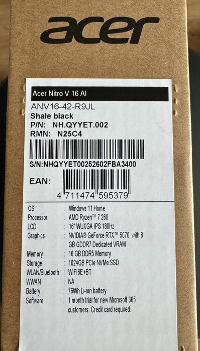 Laptop Gaming Acer Nitro V 16 ANV16-42-R9JL Ryzen7 16GB 1TB RTX5070