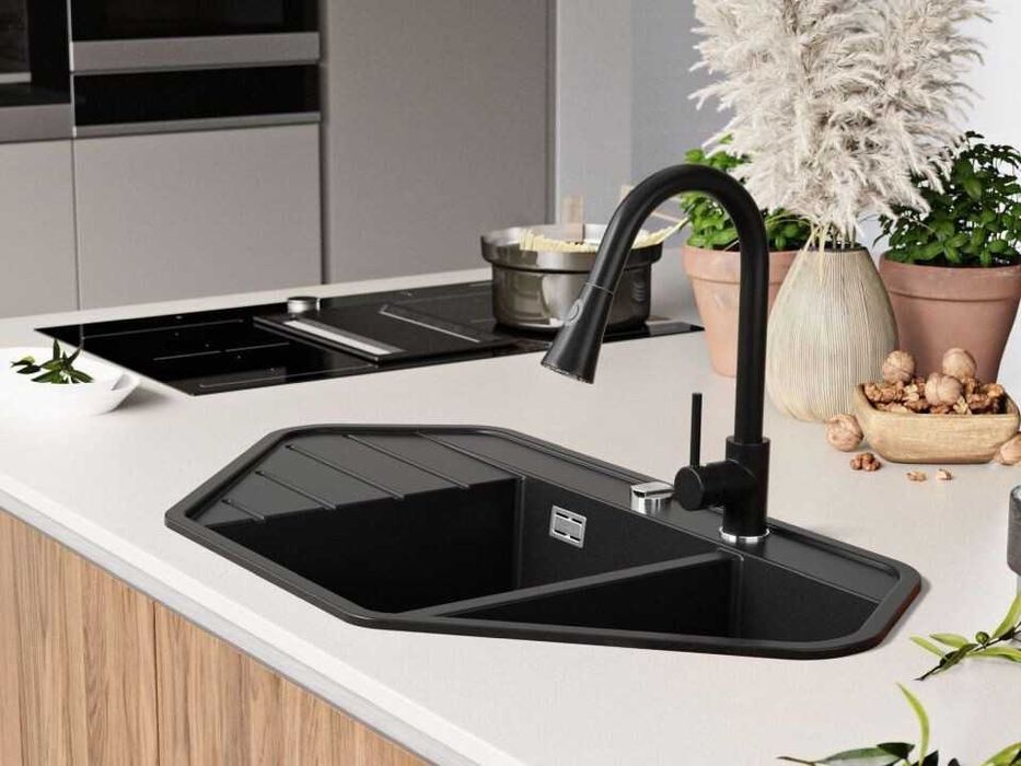 Черна ъглова кухненска гранитна мивка Копенхаген 900 Corner 900x500 мм