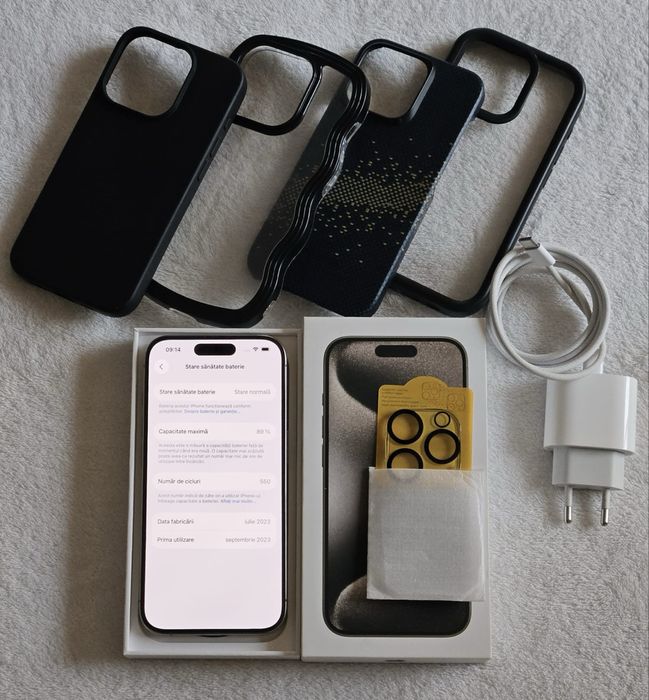 iPhone 15 PRO, 256 Gb, baterie 89%, Full Box, stare CA NOU