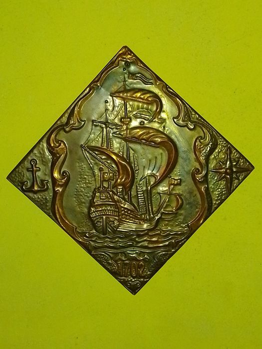 Стара Медна Декоративна Картина  , Медно Пано, Кораб - 1702г.