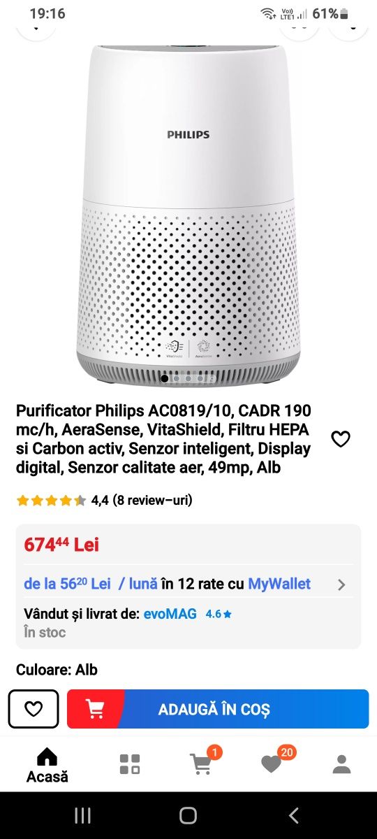 Purificator Philips seria 800 AC0819/10, CADR 190 mc/h,