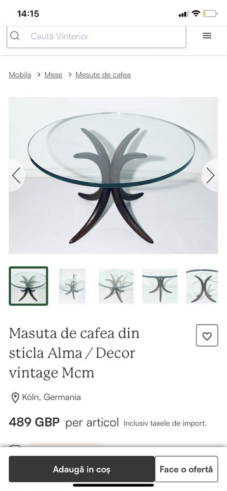 Măsuță cafea mid-century tek si cristal