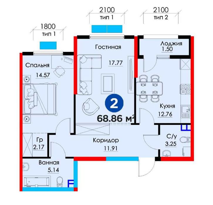 2-х комнатная квартира, по 974 у.е. за квадратный метр