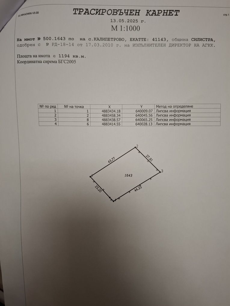 Имот в с. Калипетрово 1194кв.м.