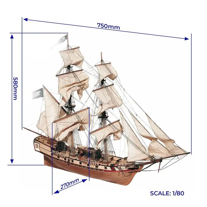 Corabie de lemn model „Galeon Pirat” – construită manual, scară 1:80