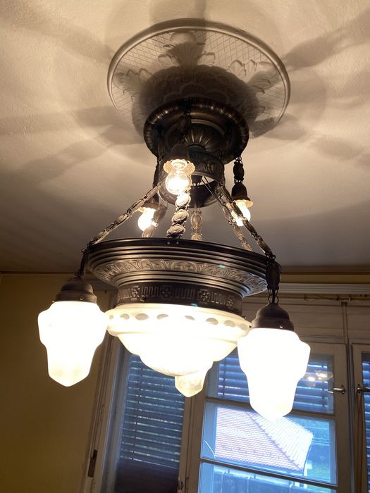 Candelabru vechi vintage retro, 7 brațe, metal plus sticlă