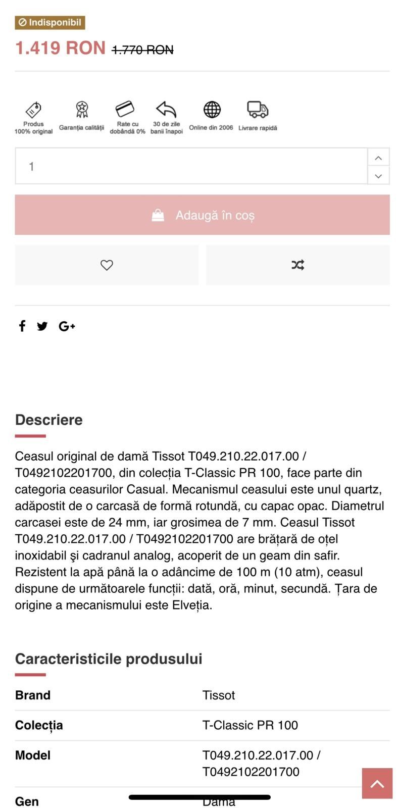 Vând ceas de dama Tissot