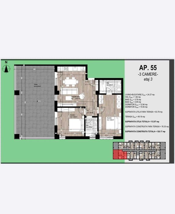 Apartament 3 camere cu TERASA. Direct Dezvoltator!