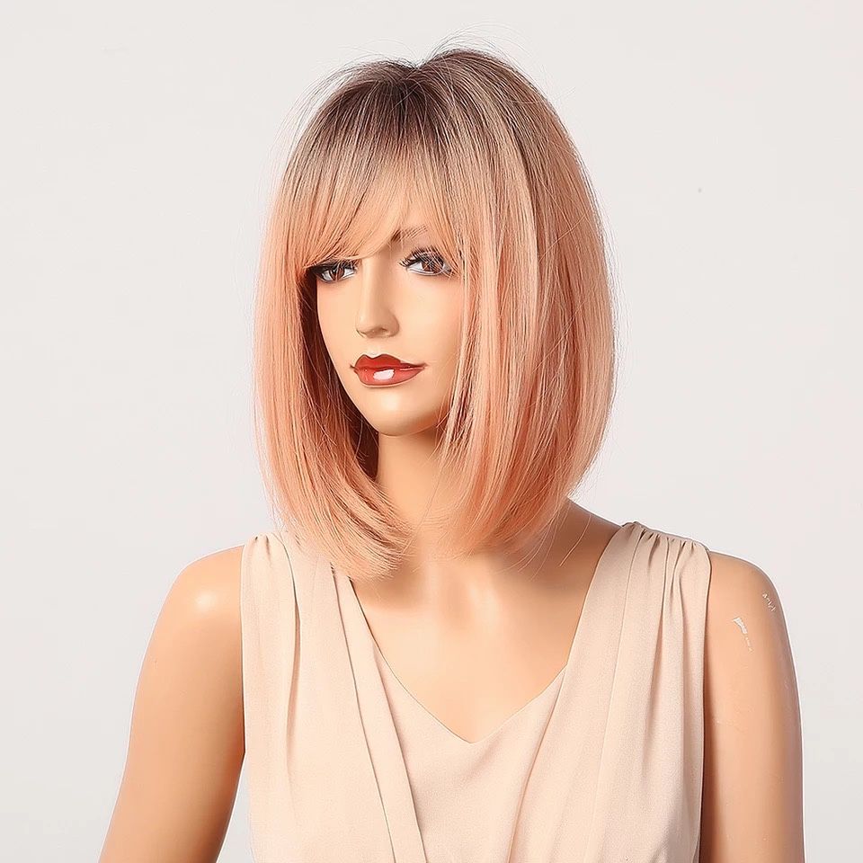 Peruca T75 Breton Bob Blonda Roz Ombre scurta Blond Cenusiu Rose Pink