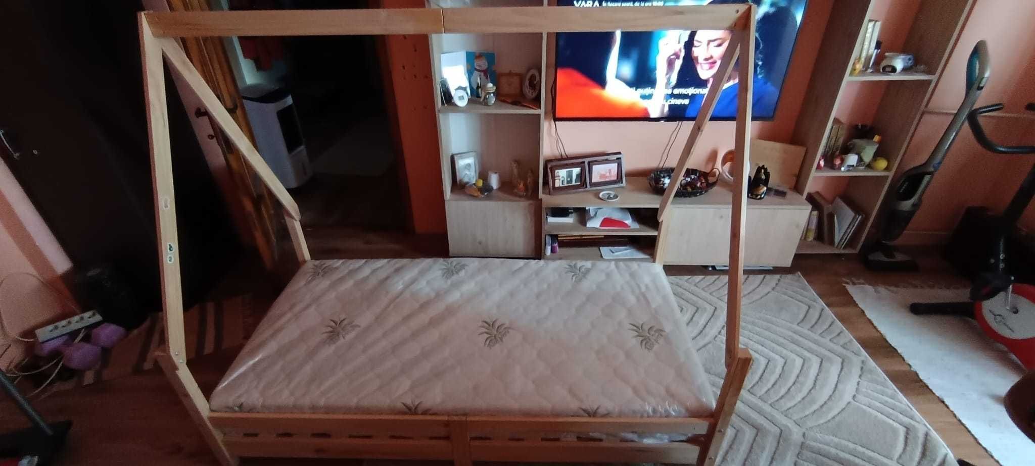 Pat copii tip casuta cu saltea ortopedica