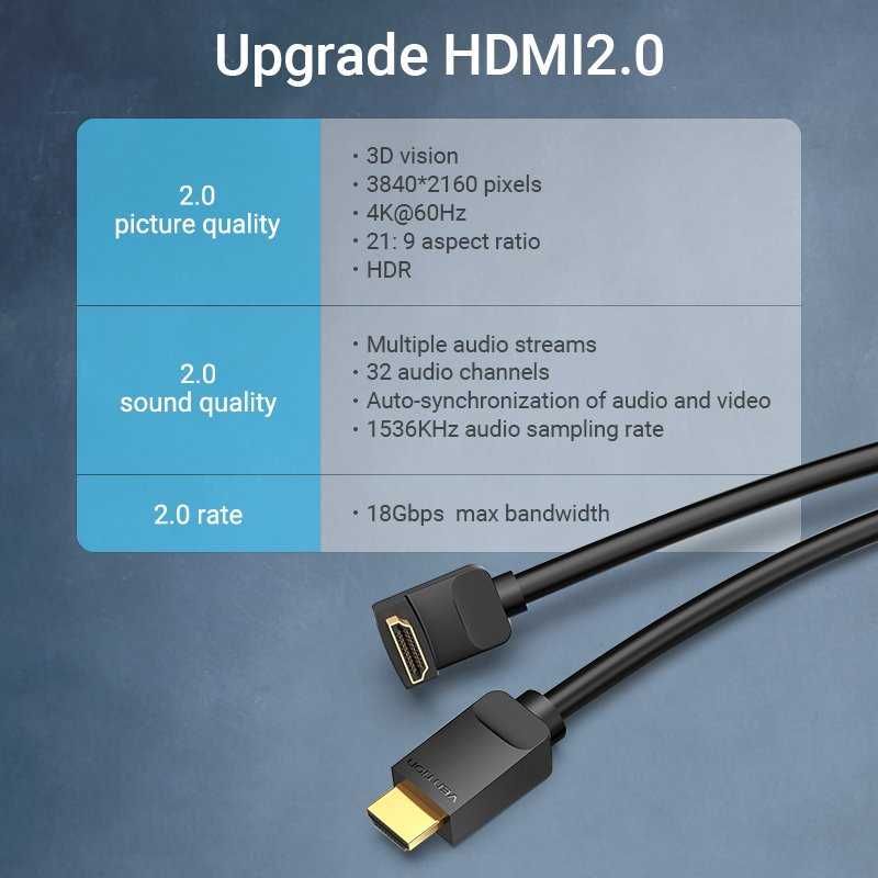 Кабел HDMI М Ъглов на 90° -M Ver:2.0 4K/60Hz Gold 2M Vention AARBH