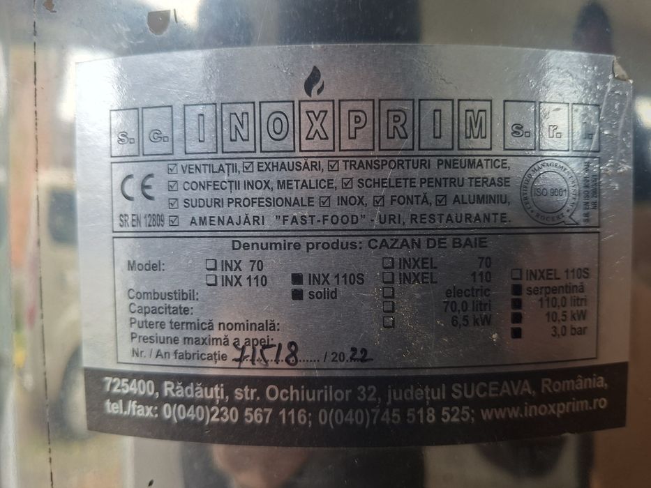 Cazan/boiler  110 litri cu soba pe lemne