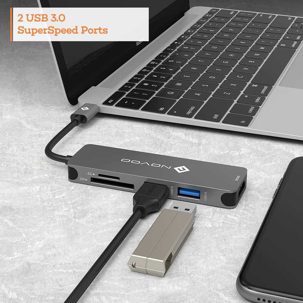 Novoo USB C Hub(5 в 1)/4K HDMI+USB 3.0 Port x2  + SD & TF Card Reader