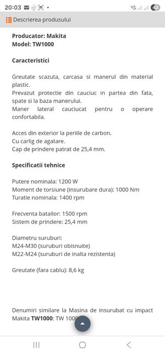 impact pe curent makita TW1000