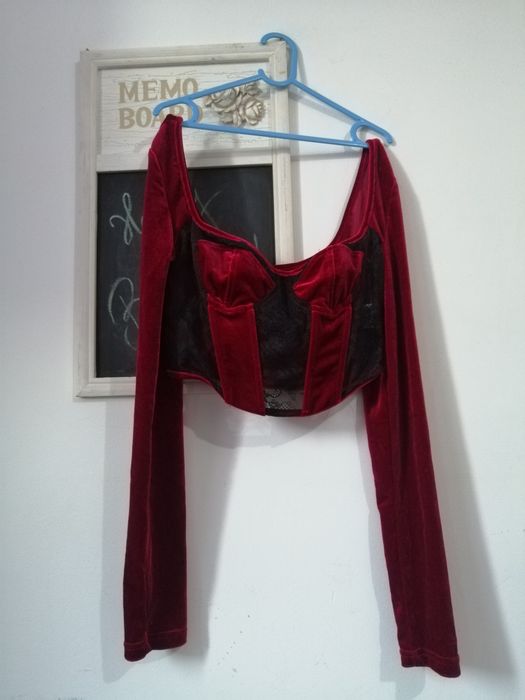 Bluza sexy tip corset din catifea visinie cu dantela neagra Shein 36