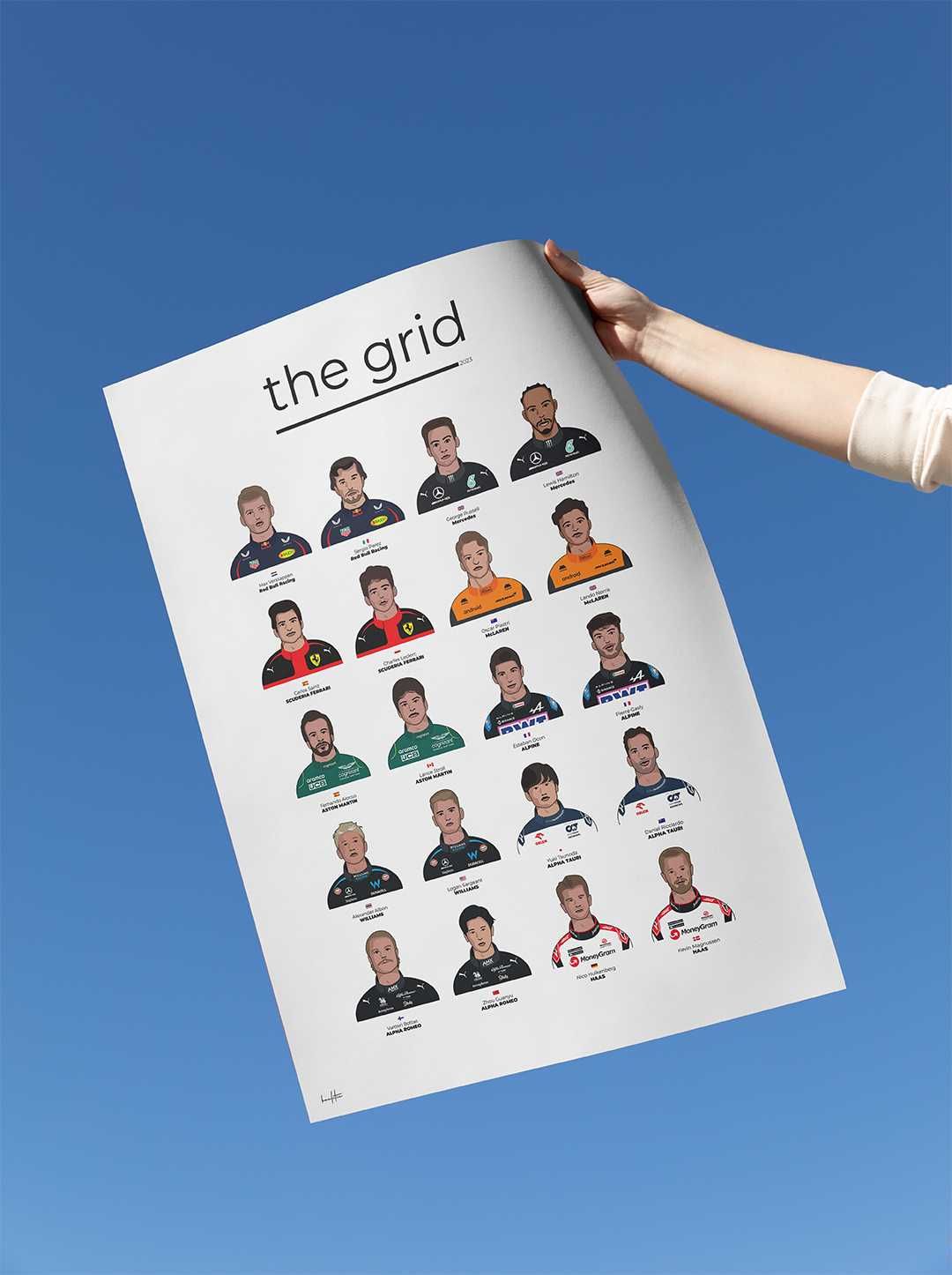 Poster cu Formula 1 2023, ilustrație cu piloții F1. Cadou pentru fani.