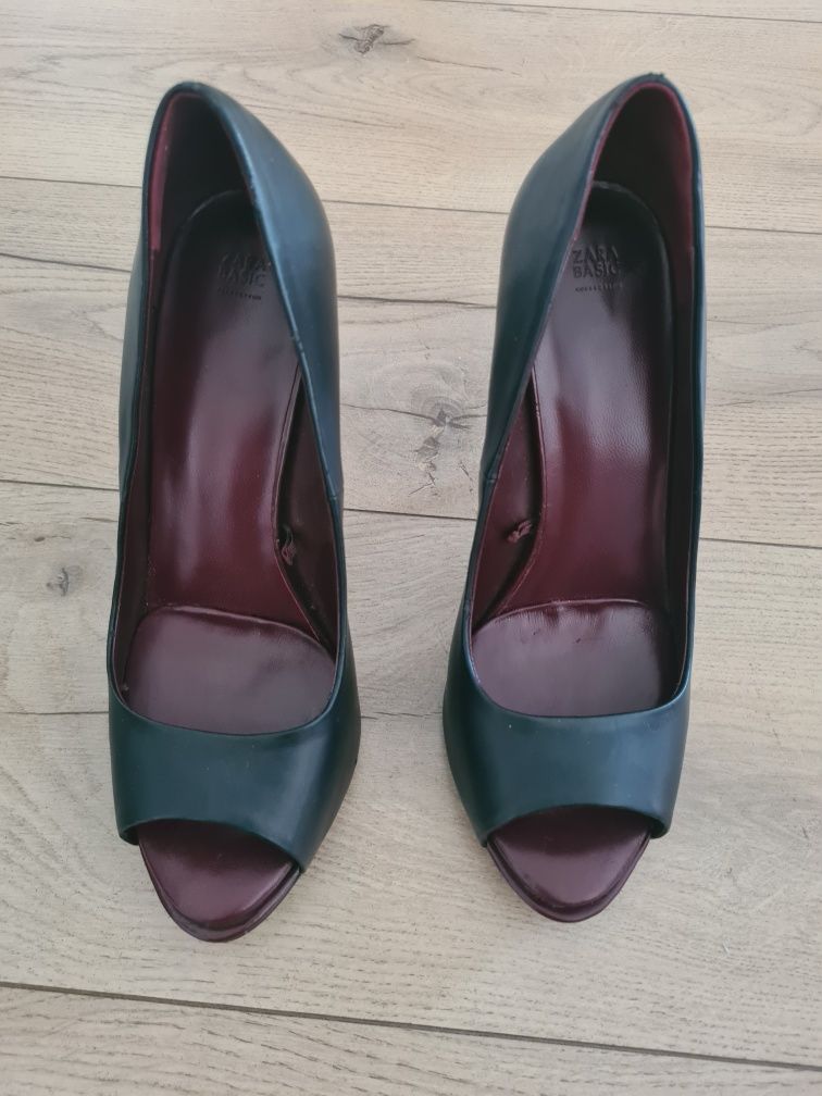 Pantofi piele naturala neagra Zara, toc 11 cm, purtați