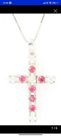 Pandantiv cruce aur alb 18ct cu rubin și diamante