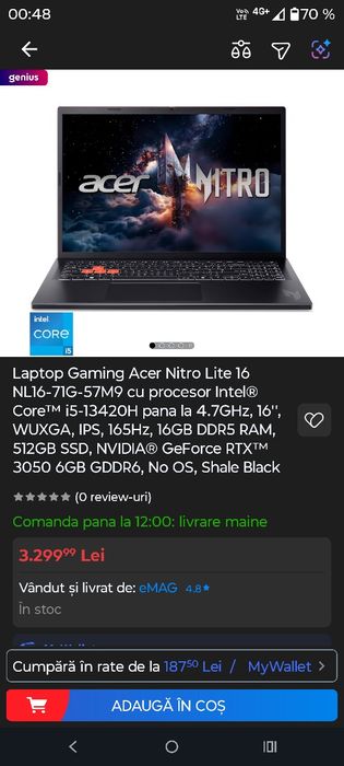 Laptop Gaming Acer Nitro Lite 16 NL16-71G-57M9 cu procesor Intel® Core