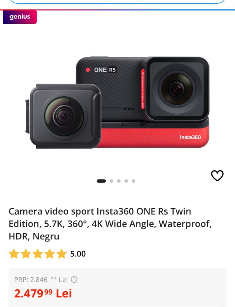 Insta360 ONE Rs Twin Edition, 5.7K, 360°, 4K, sigilata, transport ZERO