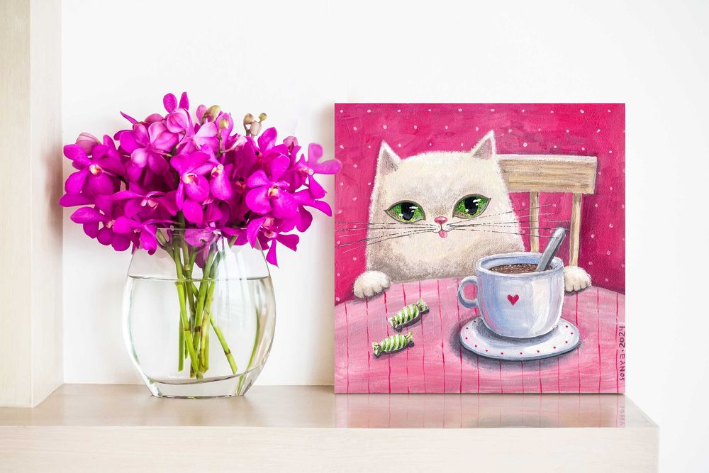 Картина  "Чай с конфетами". Холст, акрил, 30 х30 см