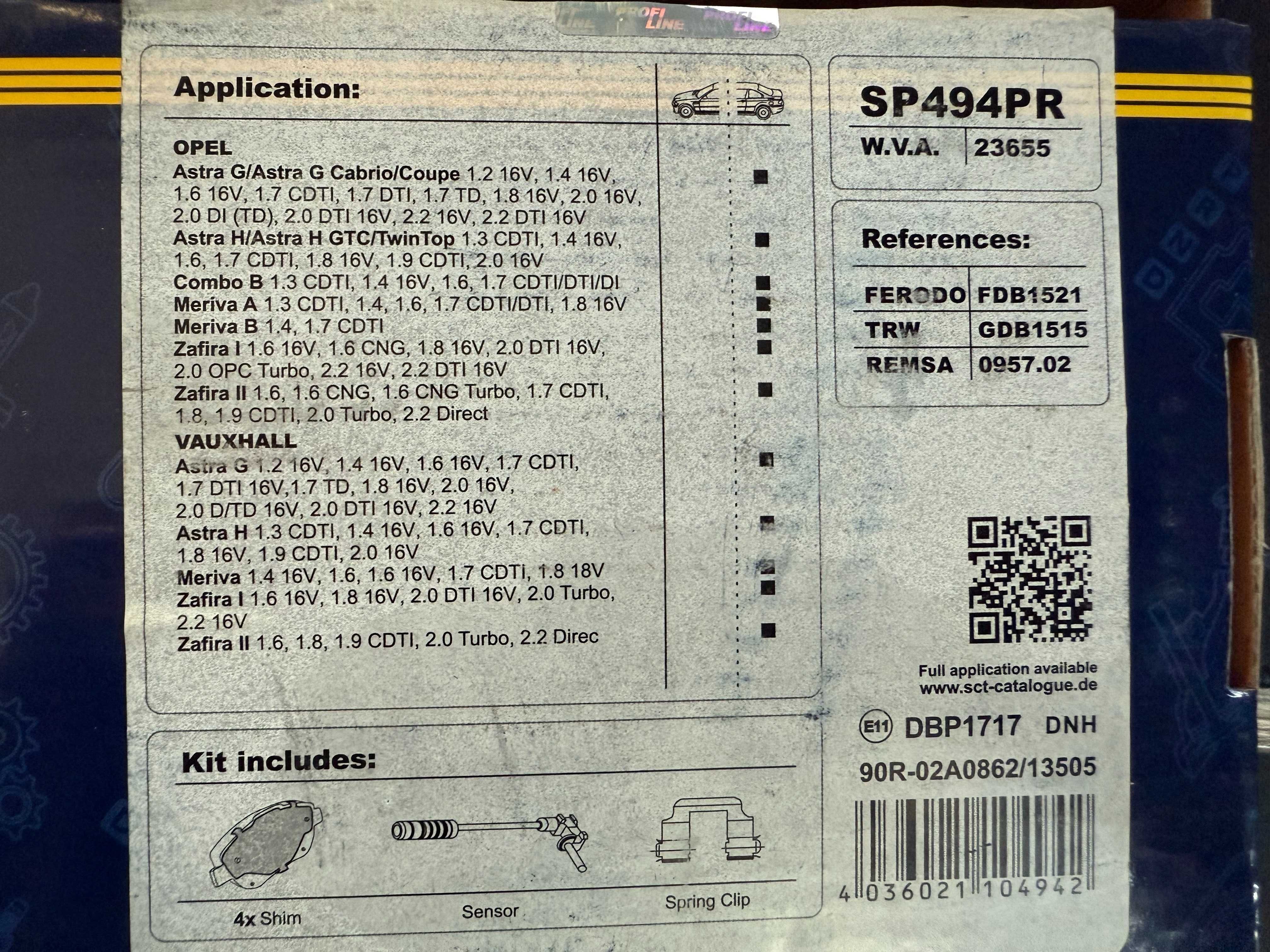 Накладки SCT SP494PR Opel Astra G/H, Opel Zafira A/B, Opel Meriva A/B