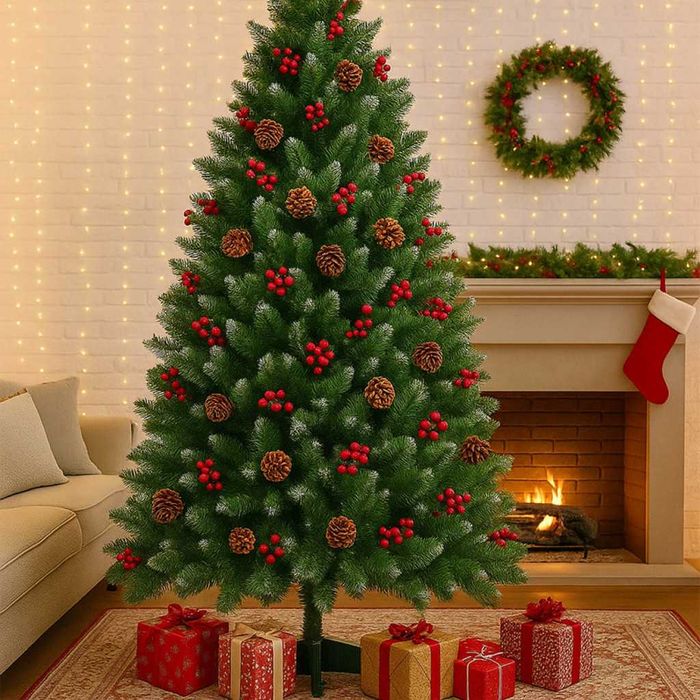 Изкуствена елха Luxury Diamond с червен глог и шишарки