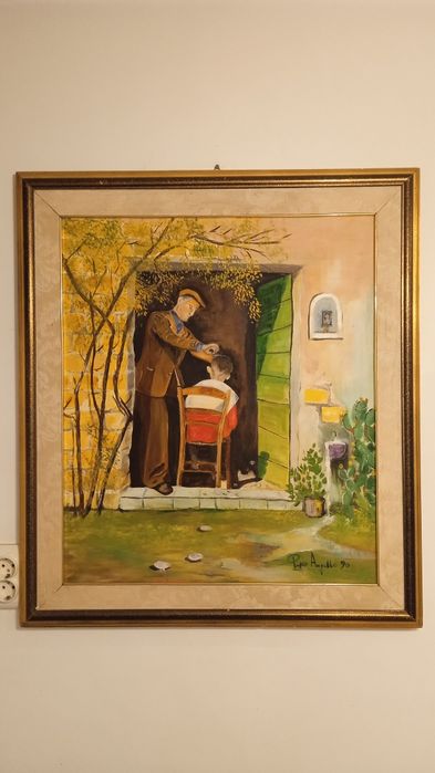 Frizer-Pictura pe panza, Italia anii 90', decor frizerie/barber shop