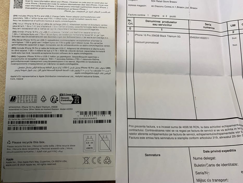 Vand iphone 16 pro 256gb full box