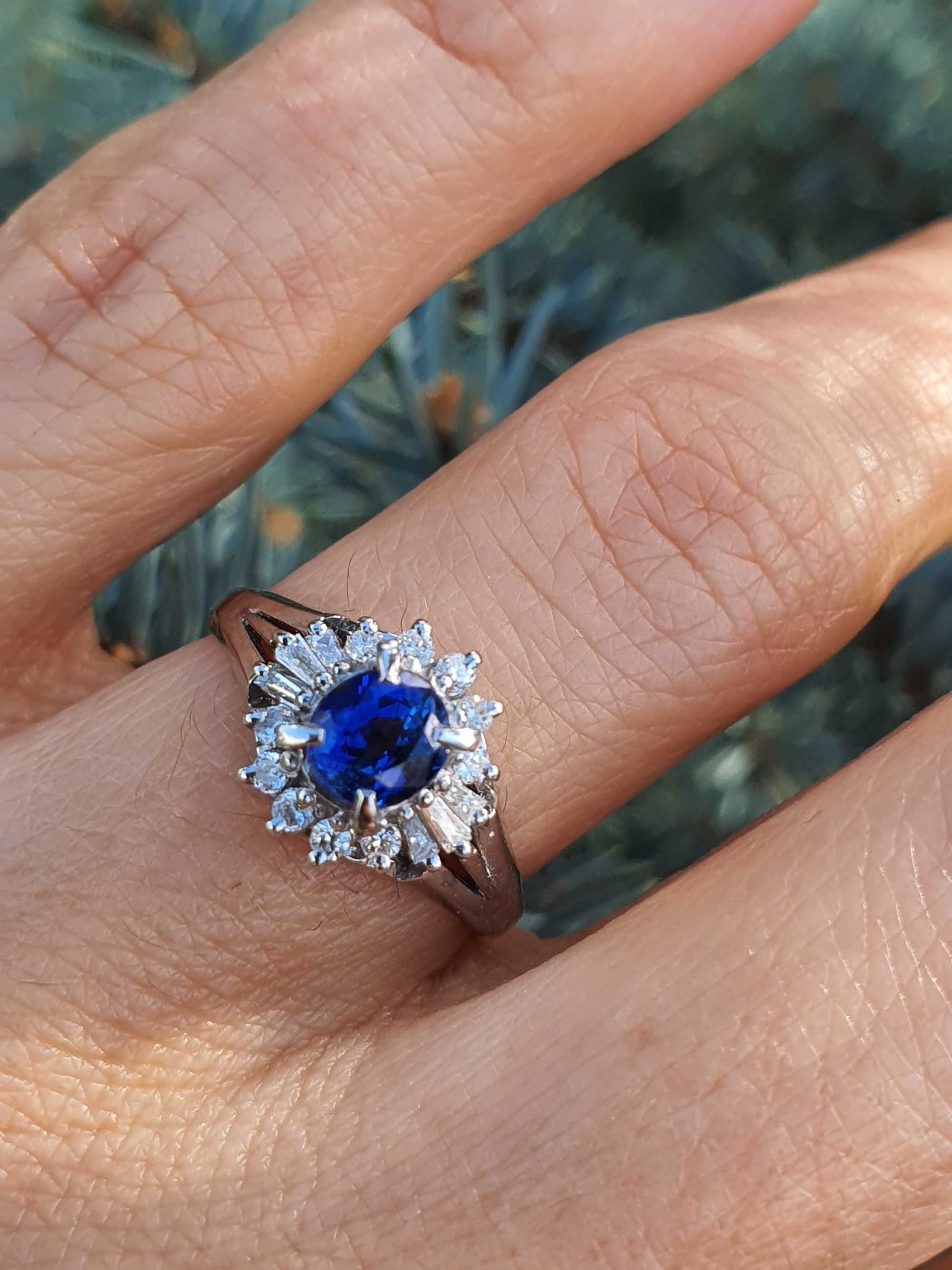 Inel Platina cu Safir Albastru si Diamante Naturale