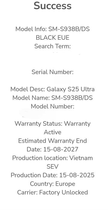 Vand Samsung S 25 UlTRA 512g