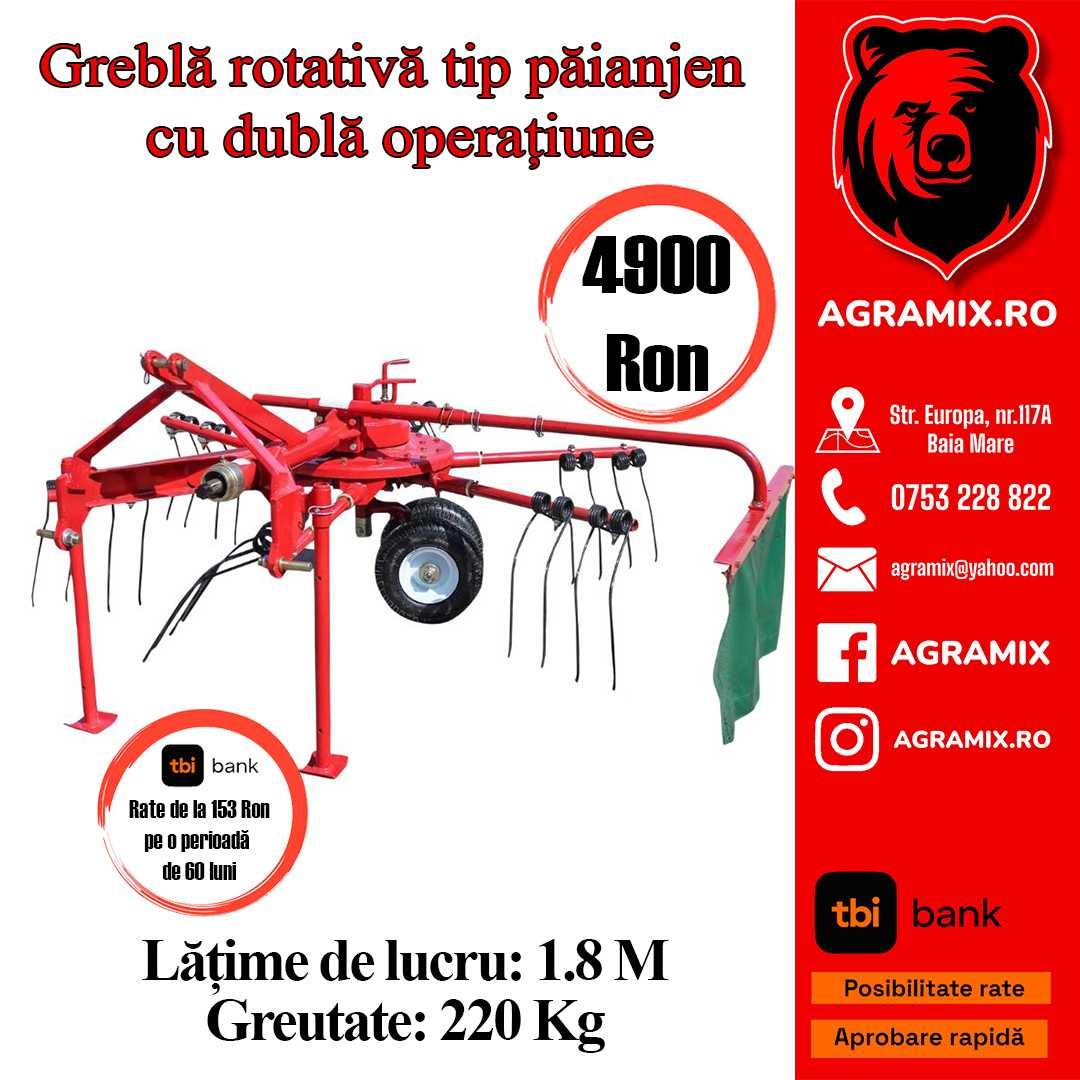 Grebla rotativa tip paianjen 1.80m, putere necesara 15-50 CP nou