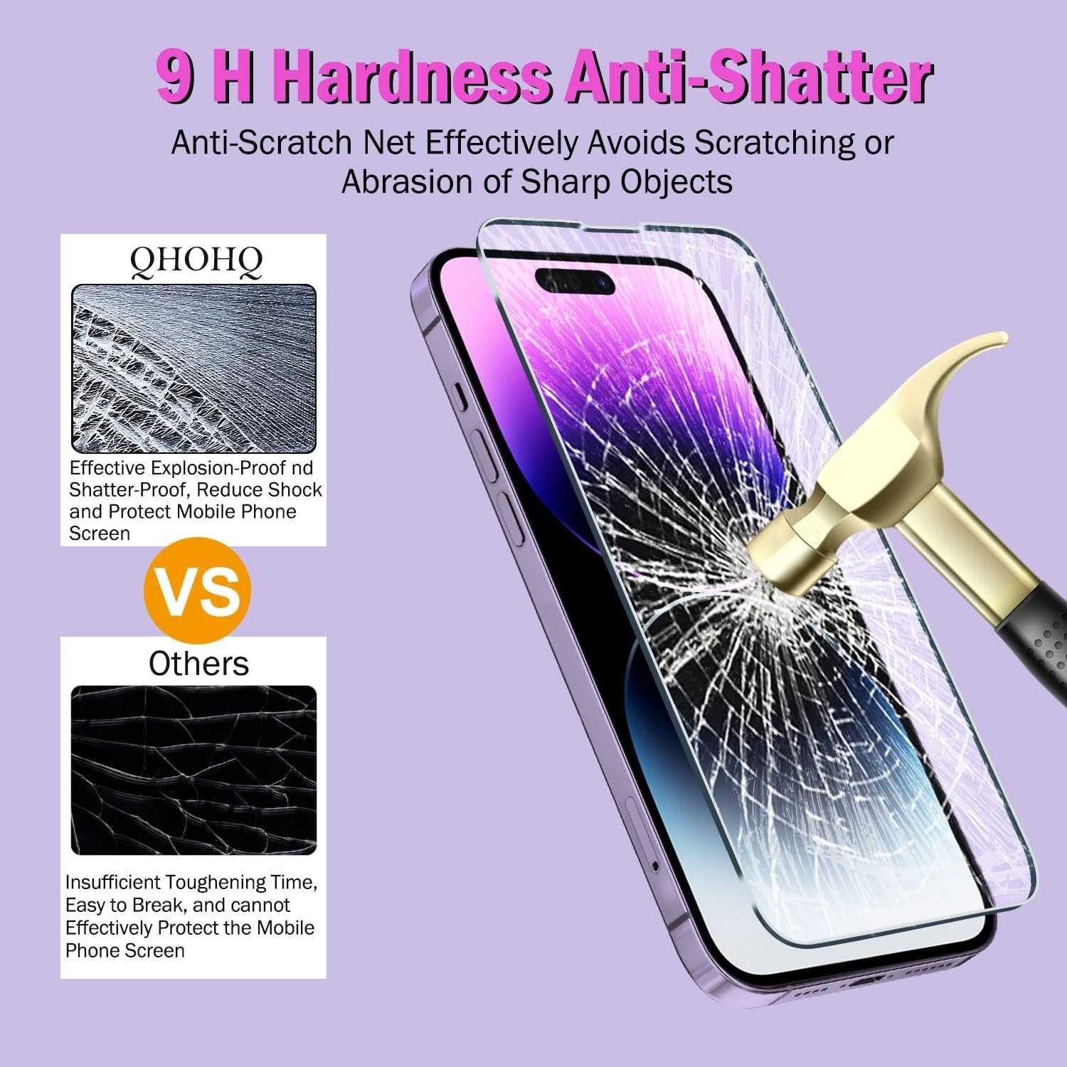 QHOHQ 3 стъклен протектор + 3 защита за камера iPhone 14 Pro Max 6.7"