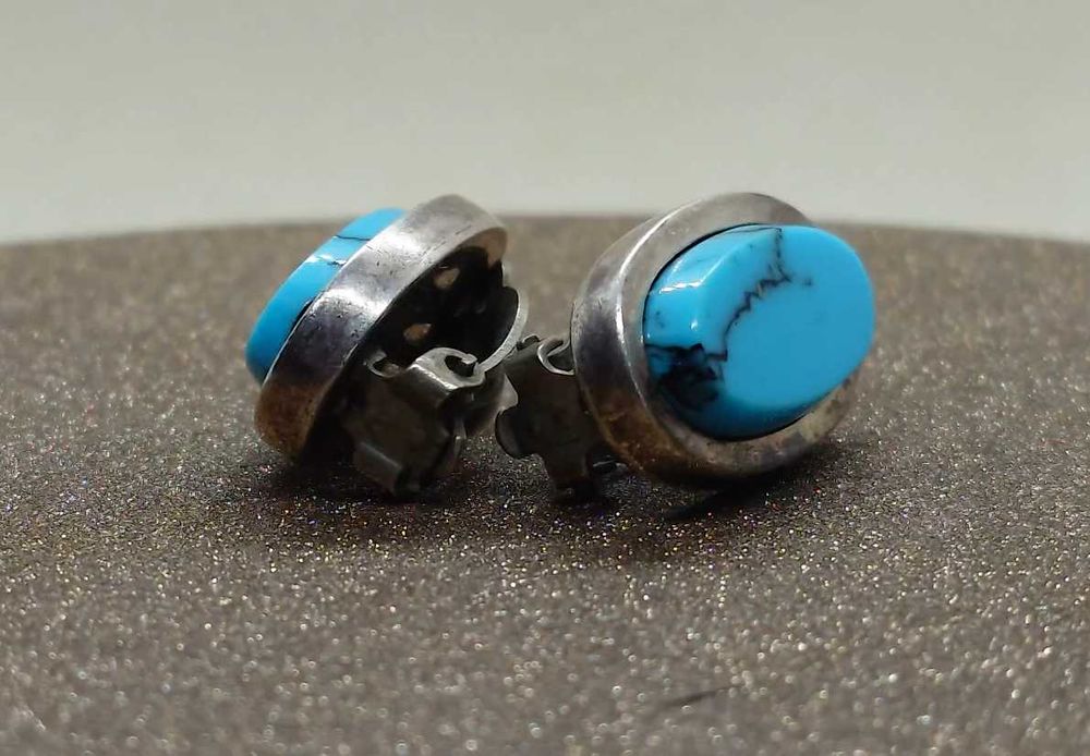 Cercei vintage TAXCO, argint 950 cu turcoaz stabilizat — clips