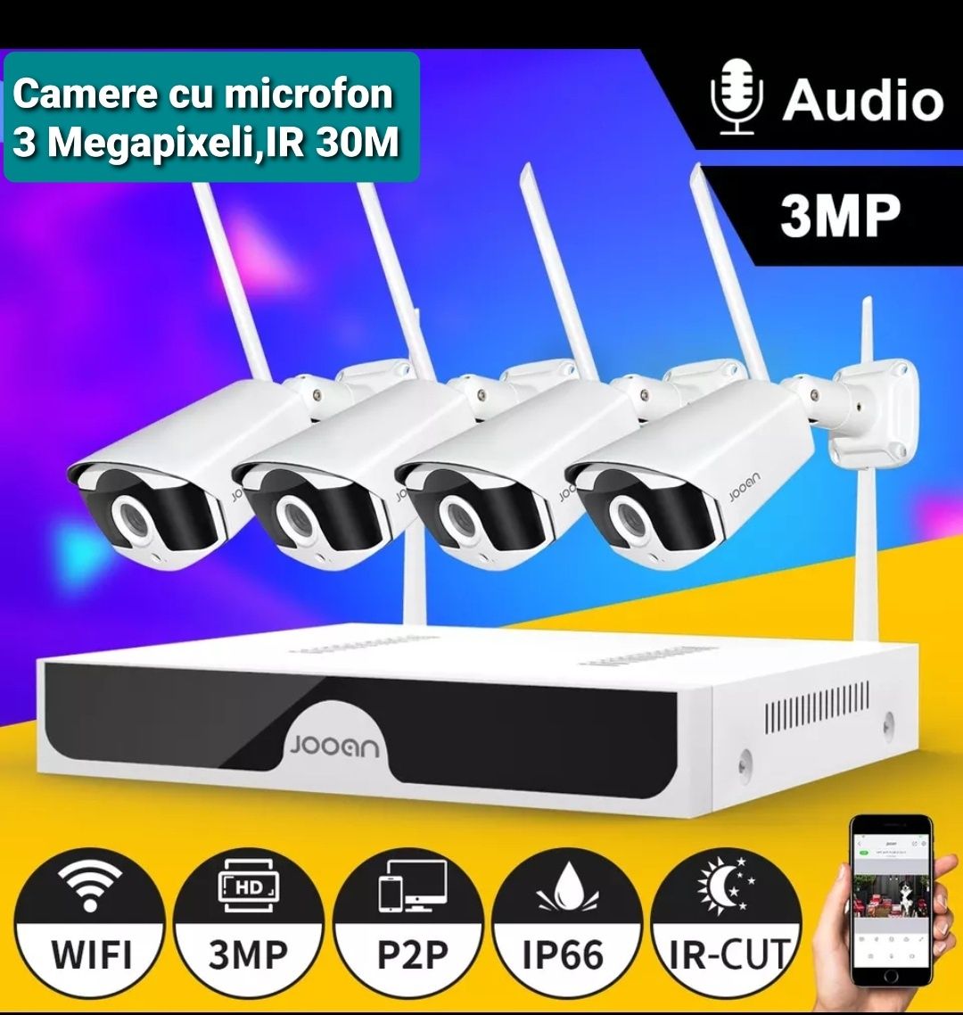 Sistem Supraveghere Wireless 2-8 camere 3 MPX,Transmisie 500 metri,Nou