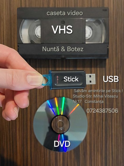 Transfer copiere casete video VHS, MiniDv, Hi8, Digital8, DVD pe Stick