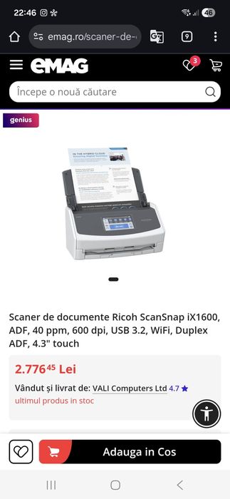 Scaner de documente Ricoh ScanSnap iX1600, ADF, 40 ppm, 600 dpi, USB 3