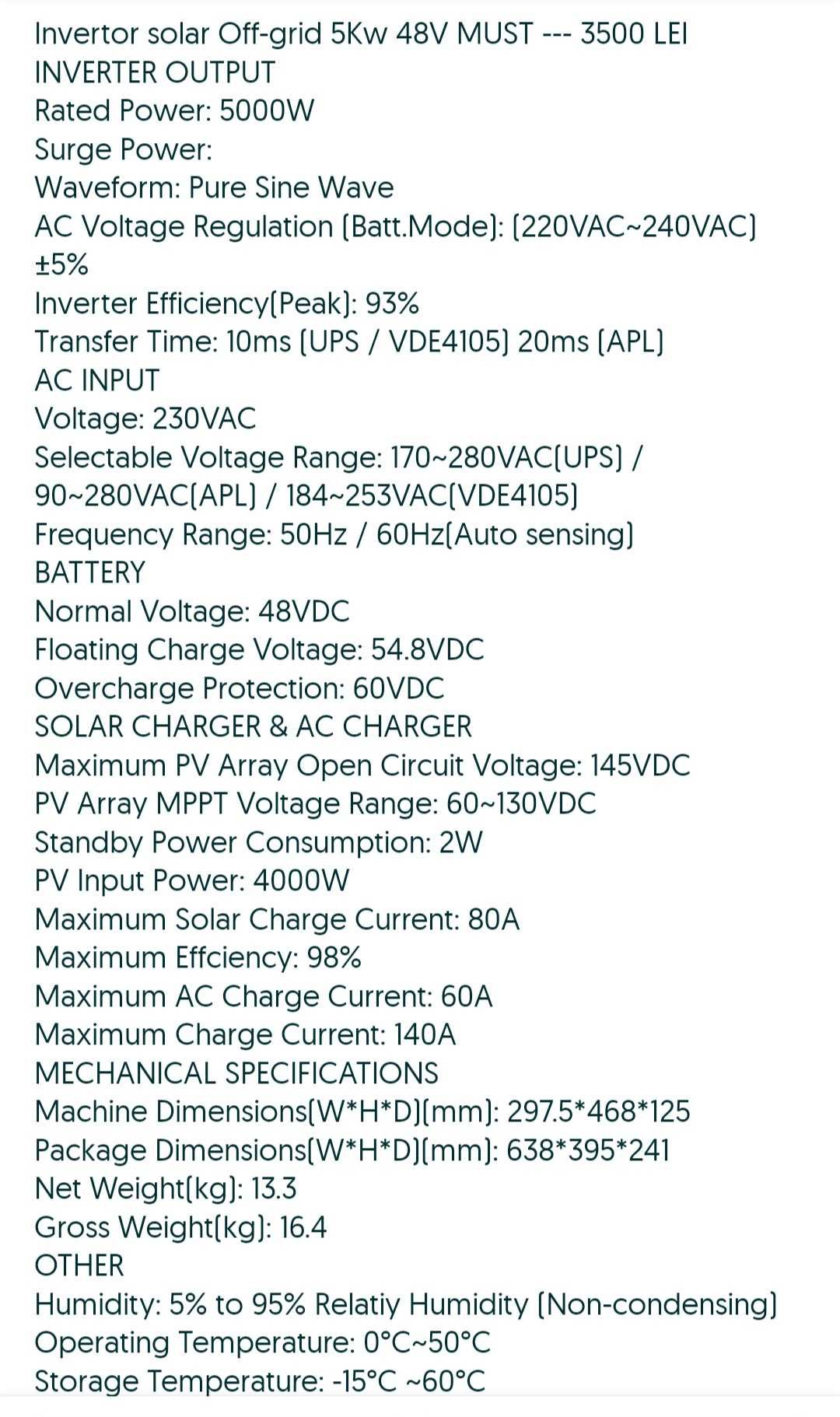 Invertor solar MUST 5kw 48v  Off grid