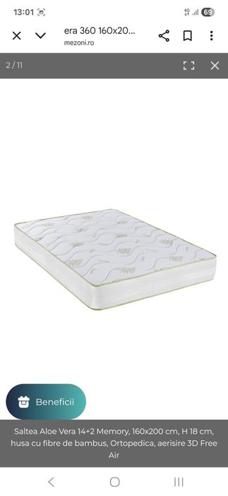 Vând saltea aloe vera 14+2 memory, 160×200 cm, h 18 cm