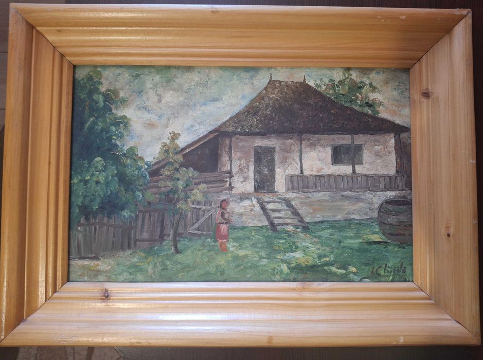 Tablou vechi in ulei pe placaj, semnat, casa taraneasca, 28x42 cm