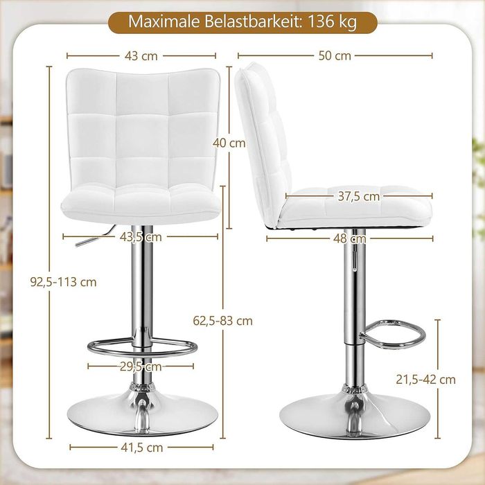 Set 2 scaune bar reglabile, rotative, piele PU |S 614159 White(2pcs)